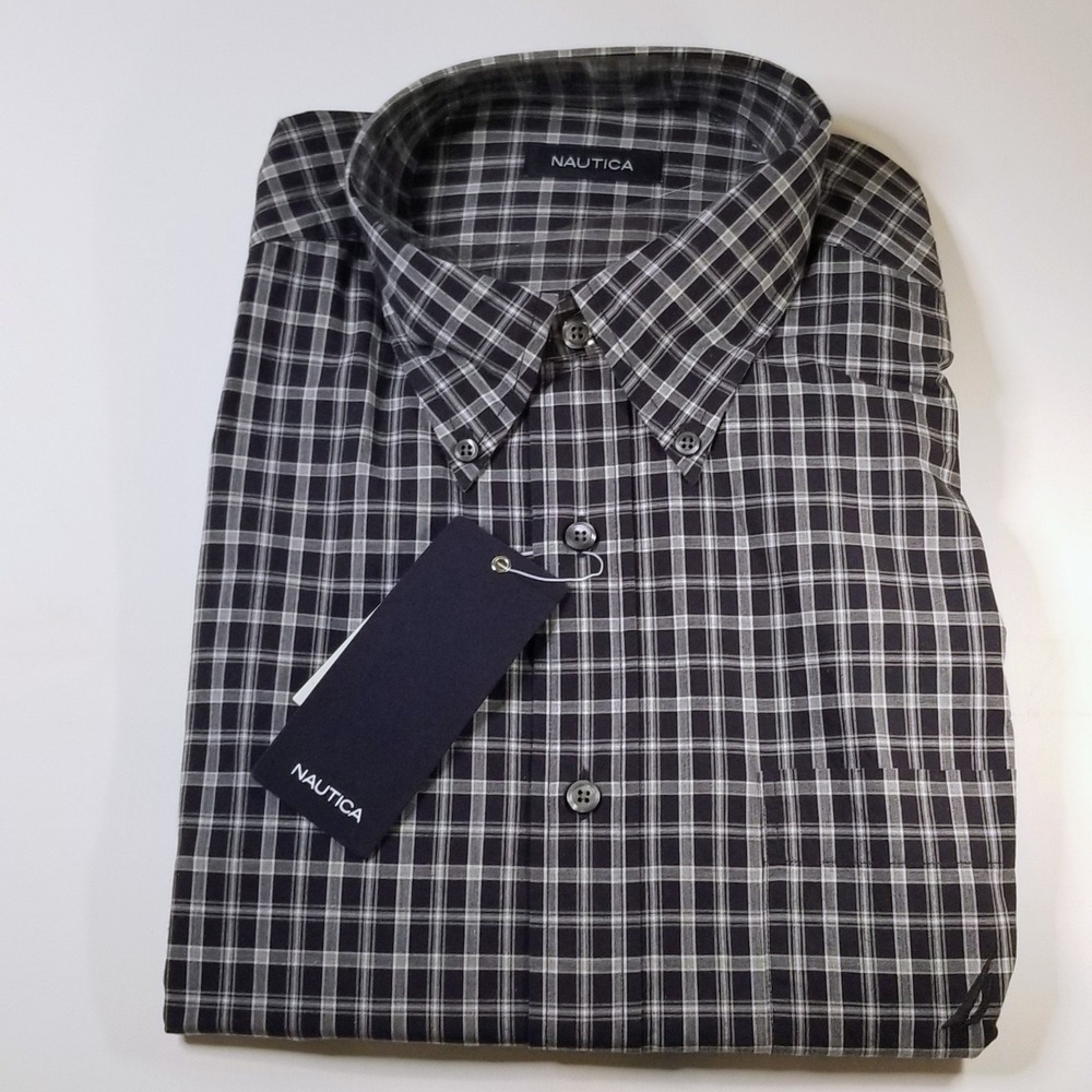 Nautica Mens 100% Cotton Long-Sleeve Button-Down Shirt Navy Blue Plaid L NWT